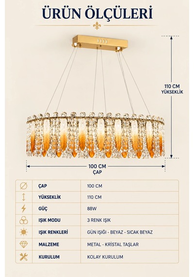 Modern Premıum Amber Yapraklı Gold Sarkıt Avize 3 Renk Lüks Aydınlatma 88w Beyaz