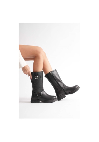 Analin Shoes Kadın Hakiki Deri Aksesuar Detaylı Binici Çizme Siyah