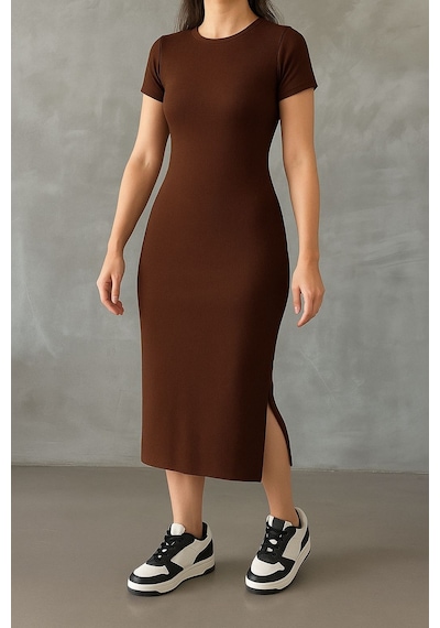 Trend Alisse Yazlık Midi Boy Yırtmaçlı Kahverengi Basic Elbise
