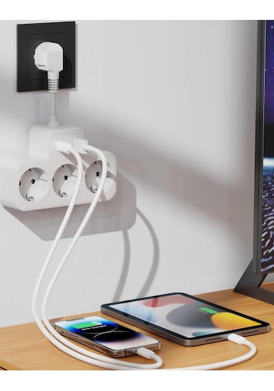 S-link Prz07 Beyaz 3 Soketli 15mm 1 Usb 2 Type-c Pd20w 1050 Joule Tam Bakır Kablolu Akım Korumalı Priz S-link