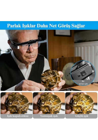 3 Lens 2 Led Işıklı Gözlük Tipi Büyüteç Usb Şarjlı Büyüteç 1.5x 4.5x Profesyonel Okuma Hobi İçin