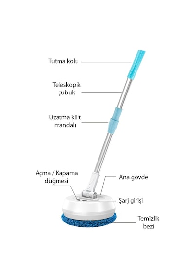 Ezere Aa102 Pro Teleskopik Kablosuz Döner Temizlik Fırçası Cam, Tavan, Zemin Uyumlu