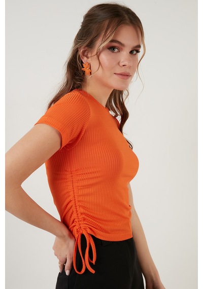 Lela Yanlardan Büzgülü Kısa Kollu Crop Bayan Bluz 5864010 Oranj