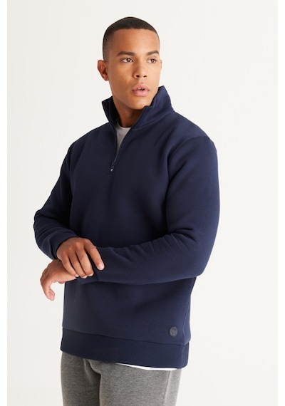 AC&Co / Altınyıldız Classics Standart Fit Normal Kesim İçi Polarlı Bato Yaka Pamuklu Erkek Sweatshirt Lacivert