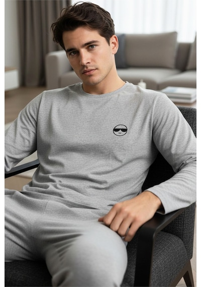 Siyah İnci Uzun Kollu Örme Erkek Pijama Takım 7795 Gri Melanj