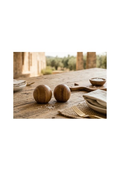 Modern Akasya Top Şekilli Tuzluk Biberlik Seti - Yuvarlak Baharatlık Seti-567 Kahverengi