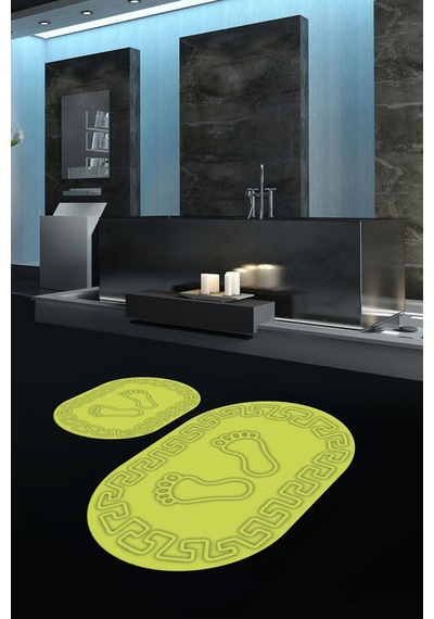 Buççin Online Mağaza Dijital Baskılı Kaymaz Yıkanabilir Ayak Desen Oval Banyo Takımı Klozet Takımı Polyester Yeşil Çok Renkli