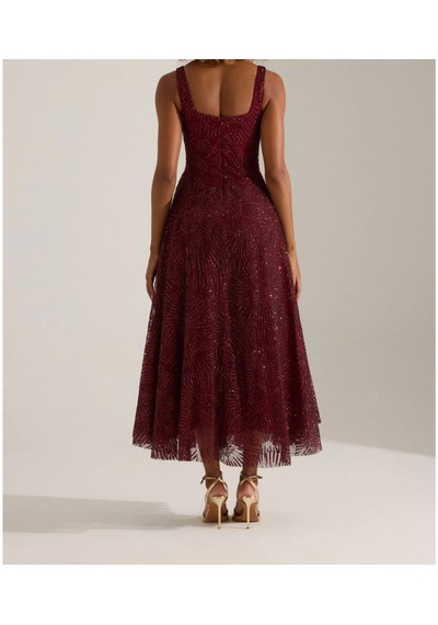 Uzer Abiye Işıltılı Sim Baskılı Jacquard Dokulu Kare Yaka Couture Premium Abiye Elbise,düğün Albisesi Bordo