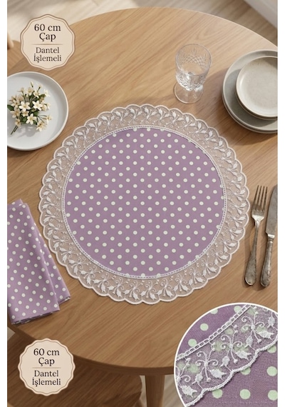 Lüks Fransız Güpürlü Yuvarlak Runner - Puantiyeli Sunum Ve Sofra Örtüsü 60 Cm Mor