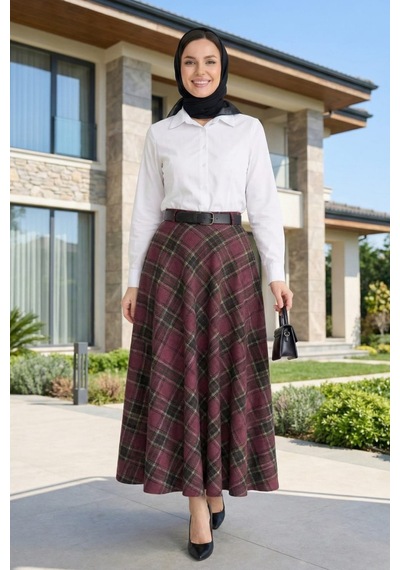 Hb Harma Time Butik Kadın Bordo Desenli Kemerli Etek