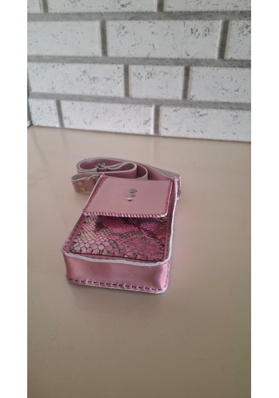 Metalik Pembe Ve Yılan Derisi Çapraz Mini Çanta