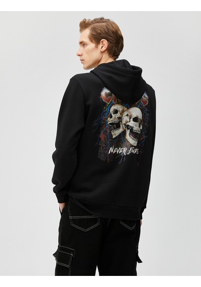 Koton Kapşonlu Sweatshirt Kuru Kafa Baskılı Uzun Kollu Siyah 3sam70129mk Siyah