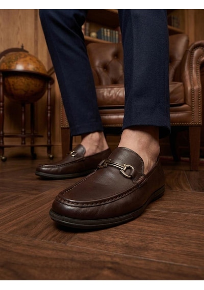 Komcero 6y3546-189 Erkek Hakiki Deri Tokalı Comfort Loafer Ayakkabı Kave