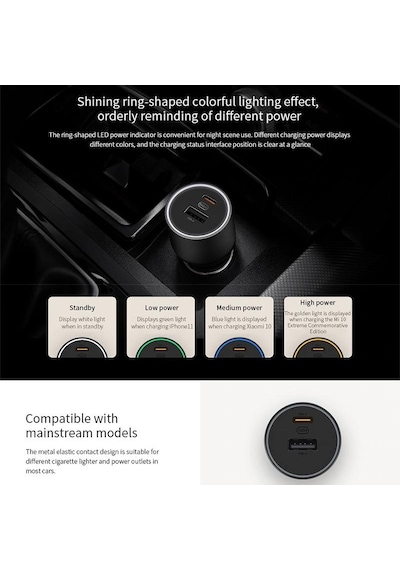 Xiaomi Mi CC07ZM 100W Hızlı Çift Bağlantı Noktalı Usb-A Usb-C Araç Şarj Cihazı