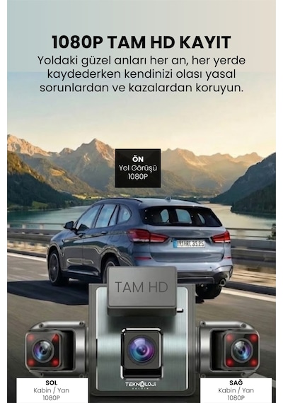 4 Kameralı Araç İçi Kamera Lcd Ekranlı 360 1080p Hd Gece Görüşü, G Sensor, Park, Döngü Kayıt Wdr, Uygulama Kontrol
