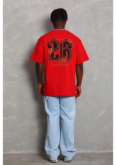 Unisex Oversize Baskılı Bisiklet Yaka T-shirt - Kırmızı