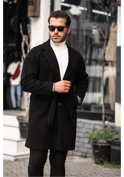 Mero Life Erkek Siyah Kemerli Oversize Rahat Kesim Kaşe Kaban Siyah
