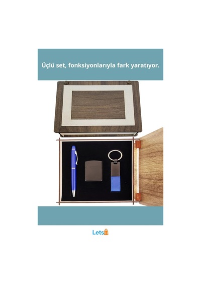 Ahşap Kutulu Lacivert Kalem Anahtarlık Çakmak Seti