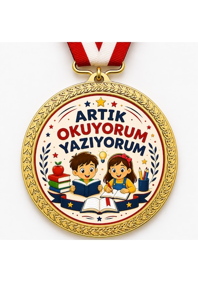 Yeni Model Artık Okuyorum Yazıyorum Madalyası - Dijital Baskılı 1. Kalite Madalya Altın