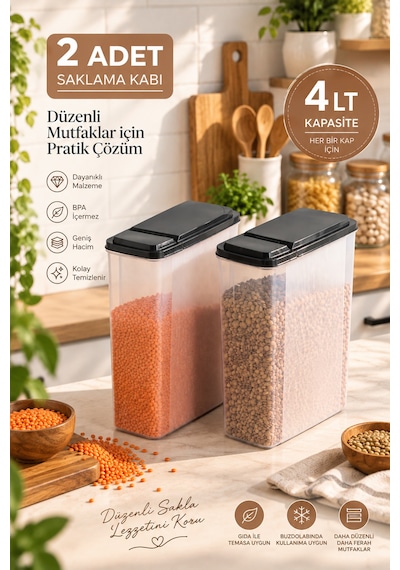 Porsima Ak-571 2'li Erzak Kabı Seti 2 X 4 Lt Ölçü Çizgili, Pratik Açılır Siyah Kapaklı Kuru Gıda & Bakliyat Saklama Kabı Şeffaf