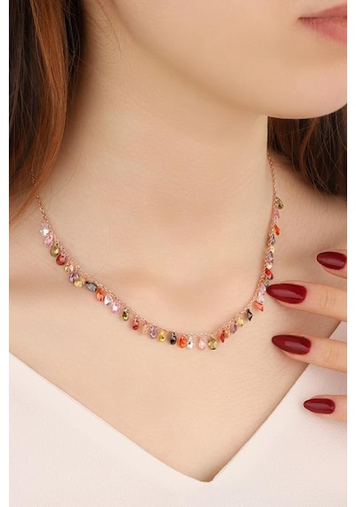 Sallantılı Renkli Damla Taşlı Gümüş Kolye Rose Gold