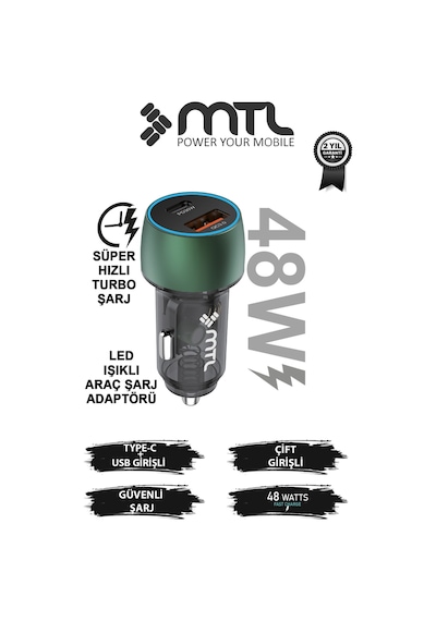 48w Hızlı Şarj Destekli Çift Portlu Type-c + Usb Akım Korumalı Led Işıklı Araç Şarj Cihazı Mt 1832
