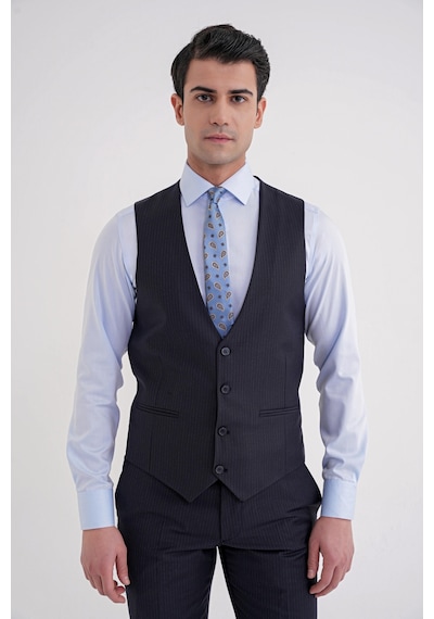 Efor Slim Fit Çift Yırtmaç Çizgili Esnek Yünlü Lacivert Yelekli Klasik Takım Elbise Tk 935 Lacivert
