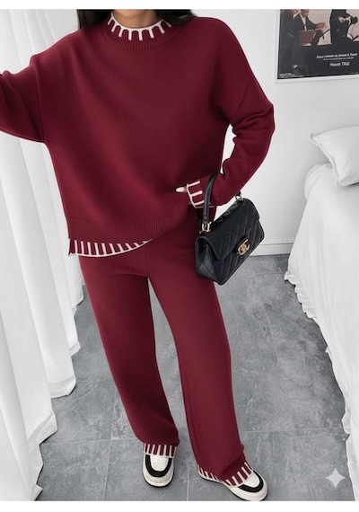 Sayzen Your Shine Yirtmaçli Kazak Pantolon Alt-üst Takim Sy-2510 Bordo