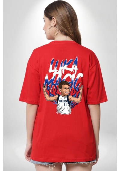 Luka Luka Doncic Basketboll Dallas Kırmızı Oversize Unisex Ön Ve Sırt Baskılı Tişört Kırmızı