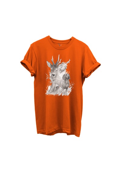 Geyik Ve Av Köpeği Çizim Baskılı %100 Pamuk Regular Fit Bisiklet Yaka Unisex T-shirt Turuncu