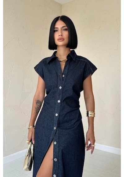 Defymoda Mavi Kolsuz Vatkalı Elbise Mavi