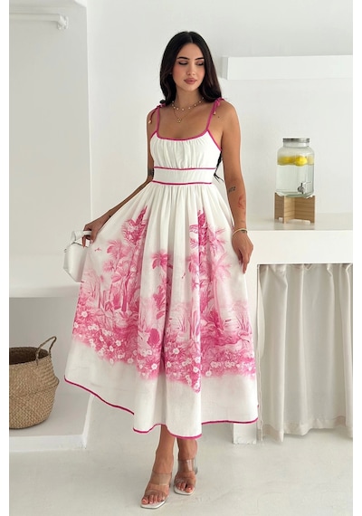 Asprin Fashion Desenli Keten Elbise Pembe Pembe