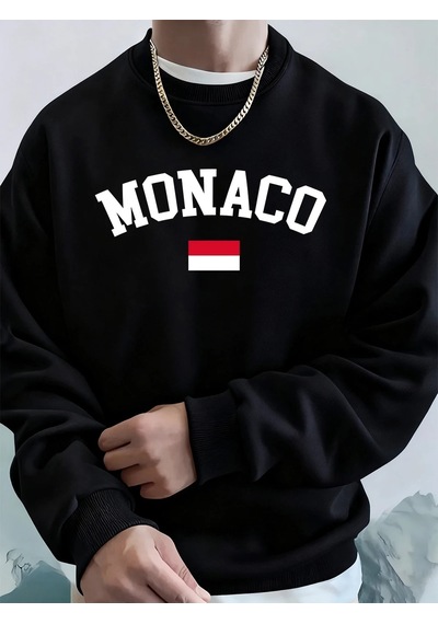 Startmore Tarzsokak Monaco Bayrağı Baskılı Erkek Kapüşonlu Sweatshirtleri Sonbahar Kış Polar Sıcak Sweatshirtler Siyah