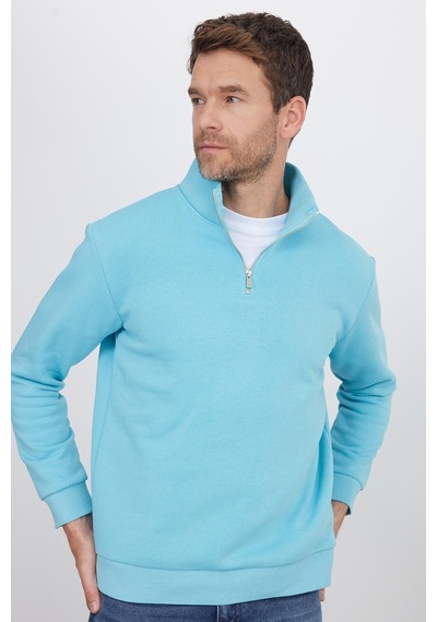 Tudors Unisex Relax Fit Rahat Kesim Pamuklu İçi Polarlı Yarım Fermuarlı Açık Mavi Dik Yaka Sweatshirt-35169 Cam Göbeği Tudors Unisex Relax Fit Rahat Kesim Pamuklu İçi Polarlı Yarım Fermuarlı Açık Mavi Dik Yaka Sweatshirt-35169 Cam Göbeği