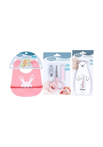 Bebek Bakım Seti Tırnak Makası Seti+silikon Önlük+banyo Derecesi Pembe Beyaz Sv507-01-25
