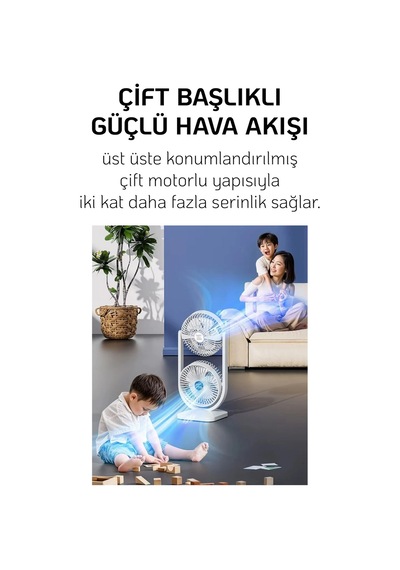 Masaütü Fan Çift Katlı Şarjlı Vantilatör Sessiz Çalışma Oynar Baş Type-c Hızlışarj 3 Kademe Soğutucu