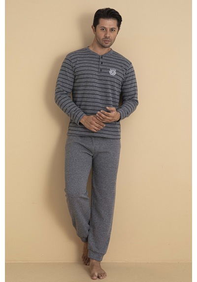 Wordex Falkom 5701 Selanik Kumaş Kışlık Kalın Kumaşlı Erkek Çizgili Pijama Takımı Gri