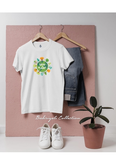Oversize Save The Planet Trees Tasarımlı Unisex T-shirt Beyaz