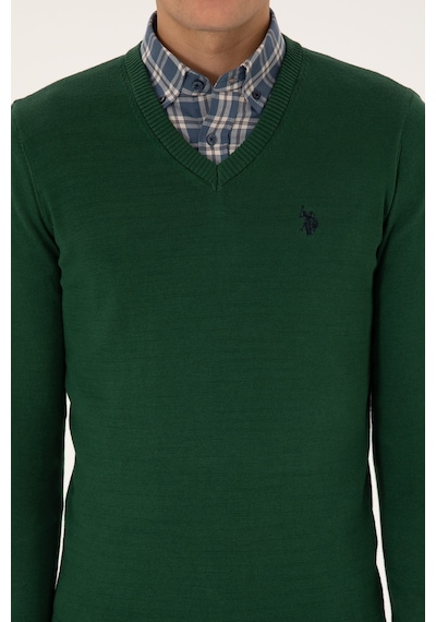 U.S. Polo Assn. Erkek Slim Fit V Yaka Koyu Yeşil Basic Triko Kazak 50313662-VR079