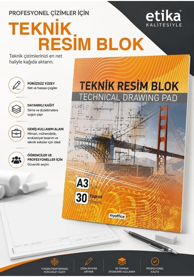 A3 Teknik Resim Blok - 30 Yaprak, Profesyonel Mühendislik Ve Mimarlık Çizim Defteri, Ofis Ve Okul İçin Kaliteli Kırtasiye Ürünü