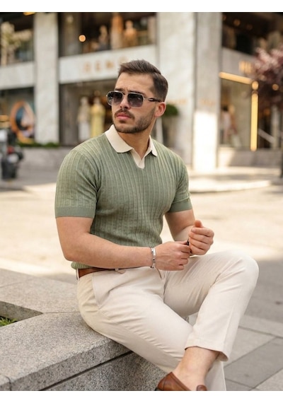 Efnaz Style Erkek Yaka Detaylı Desen Dokulu Triko Tişört Çağla Yeşili