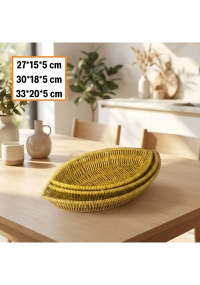 3 Lü Kayık Formlu Plastik Rattan Sepet Seti Hasır Görünümlü Ekmek, Meyve Ve Sunum Sepetleri, Çok Amaçlı M Çok Renkli