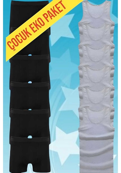 Uniquetrenders Erkek Çocuk İkili Set Pamuklu Penye 6 Atlet 6 Boxer Gri - Siyah
