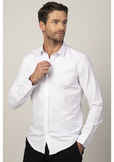Tudors Modern Fit Uzun Kol Armürlü Kravatlık Erkek Gömlek-26466 Beyaz
