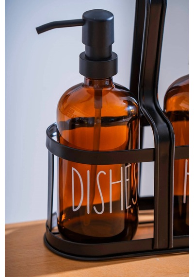 Morponi Metal Stantlı 2'li Cam Sabunluk&deterjanlık Hands-dishes Amber 500 Ml + 500 Ml Amber