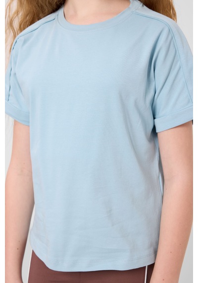Açık Mavi Pamuklu O Yaka Oversize Fit Basic Kız Çocuk T-shirt - 75182 Açık Mavi