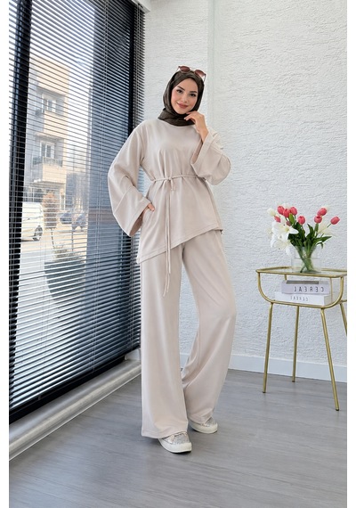 Asimetrik Tunik Pantolonlu Tesettür İkili Takım Krem