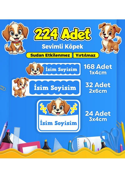 Sevimli Köpek Temalı Okul Kreş Kişiye Özel İsim Etiket Seti - Model 422 Çok Renkli