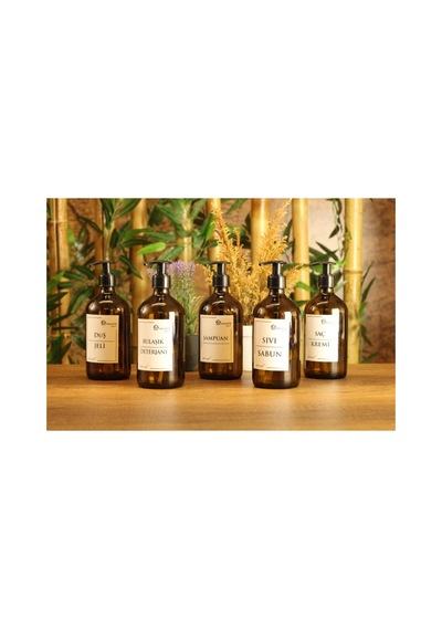 Buççin Online Mağaza 500 Ml Amber Kahverengi Cam Sıvı Sabun Şişesi Beyaz Etiketli Cam Sarı Çok Renkli