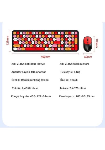 105 Retro Tuşlu 2.4gh Kablosuz Bluetooth Klavye Mouse Seti Retro Kablosuz Klavye Mouse Set Siyah Diğer